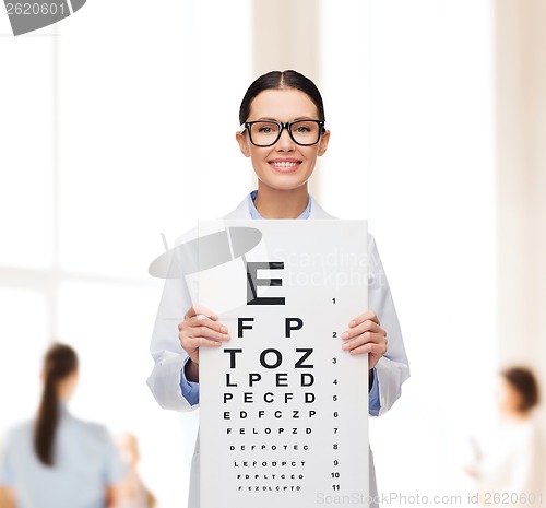 Image of female doctor in eyeglasses with eye chart