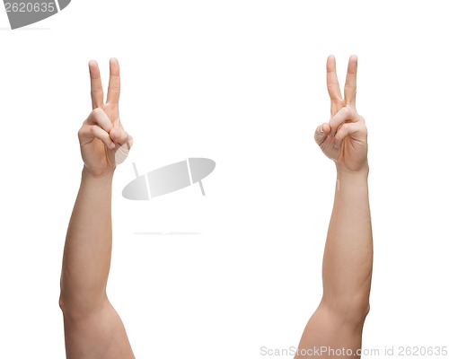 Image of man hands showing v-sign
