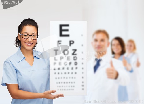 Image of female doctor or nurse with white blank board