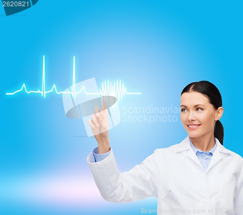 Image of smiling female doctor pointing to cardiogram