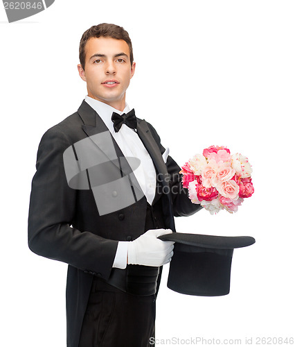 Image of magician with flower bouquet