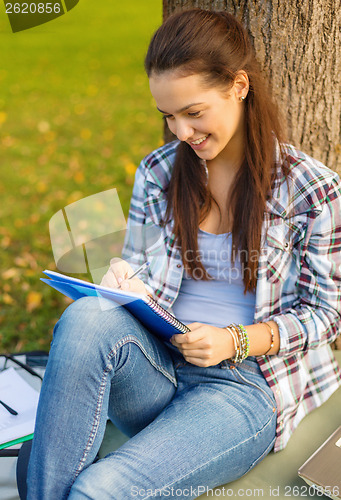 Image of smiling teenager writing in notebook