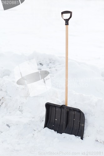 Image of black snowshowel with wooden handle in snow pile