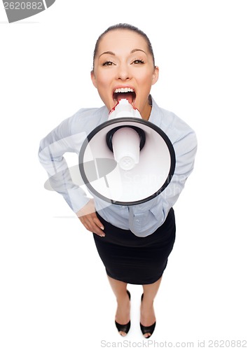 Image of screaming businesswoman with megaphone