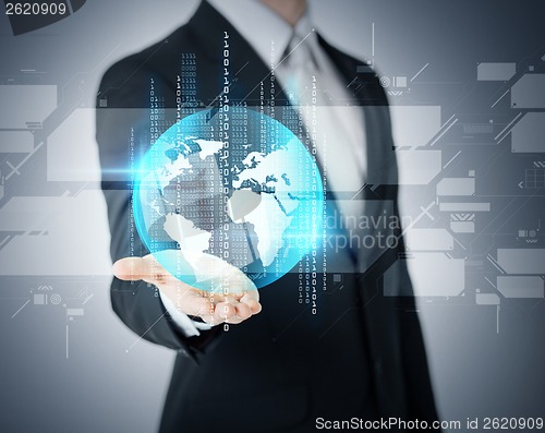 Image of businessmans hand showing earth globe