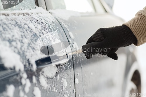 Image of closeup of man hand opening car with key