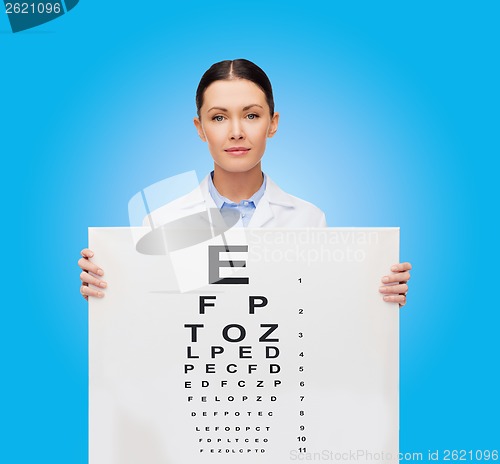 Image of calm female doctor with eye chart