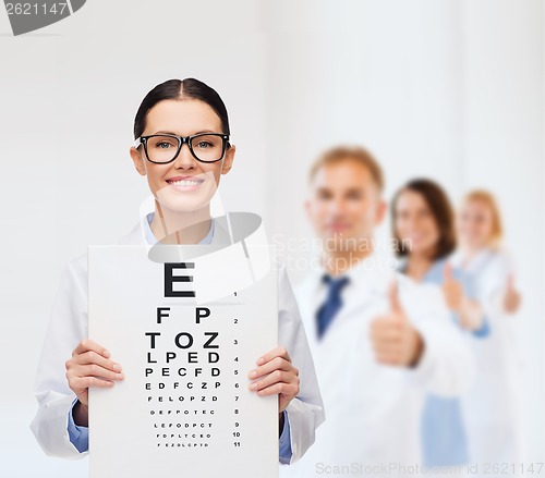 Image of female doctor in eyeglasses with eye chart