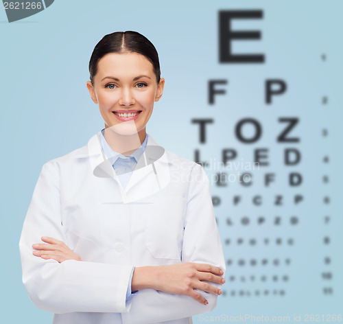 Image of smiling female doctor with eye chart