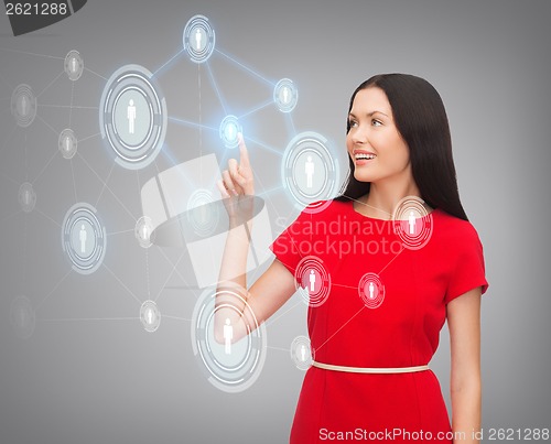 Image of woman in red dress and business network