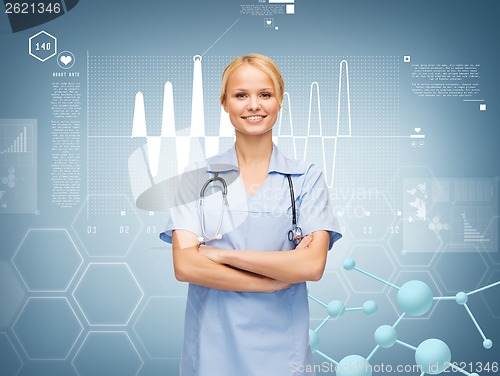 Image of smiling female doctor or nurse with stethoscope