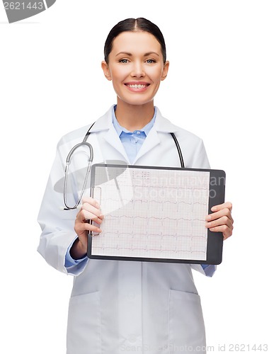 Image of female doctor with sclipboard and cardiogram