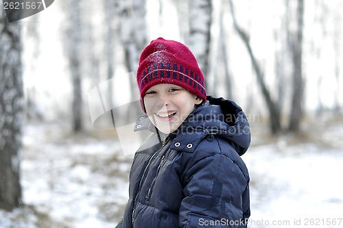 Image of Portrait of the teenage boy in the snow-covered wood.