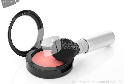 Image of Pink blush and makeup brush on white background