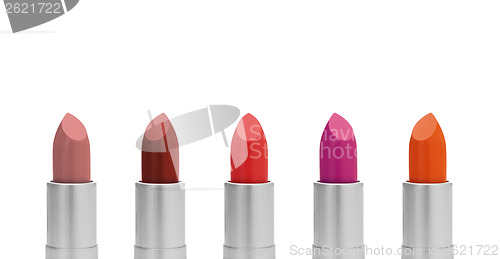 Image of Colorful lipstick on white background