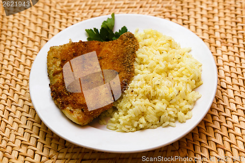 Image of fried breaded tilapia served with rice