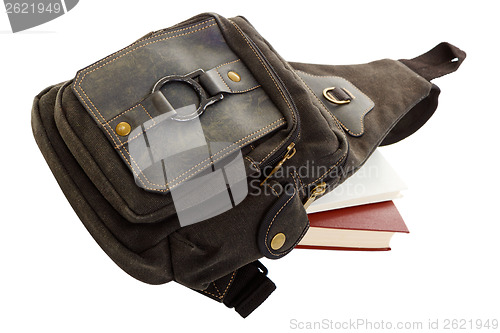 Image of backpack and books on white background