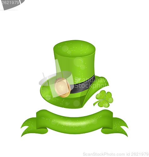 Image of Green hat, clover, ribbon in saint Patrick Day - isolated on whi