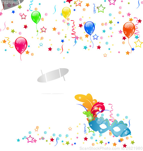 Image of Carnival background with mask, confetti, balloons