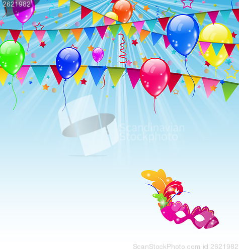 Image of Carnival background with flags, confetti, balloons, mask