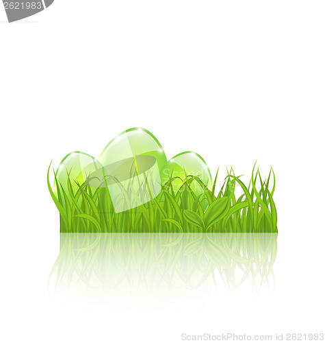 Image of Easter set eggs in green grass isolated on white background
