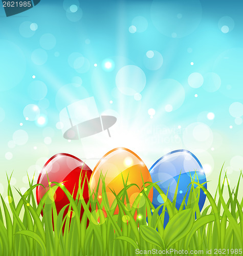 Image of April background with Easter colorful eggs 