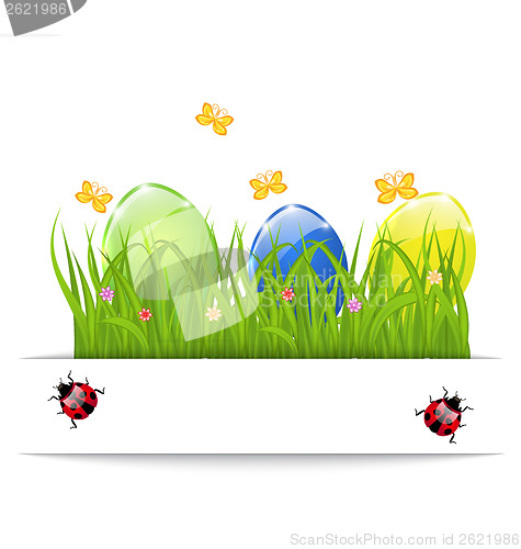 Image of Easter colorful eggs in green grass with space for your text