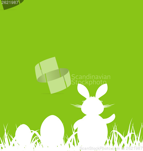 Image of Cartoon green background with Easter rabbit and eggs