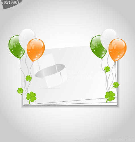 Image of Celebration card with balloons in Irish flag color for St. Patri