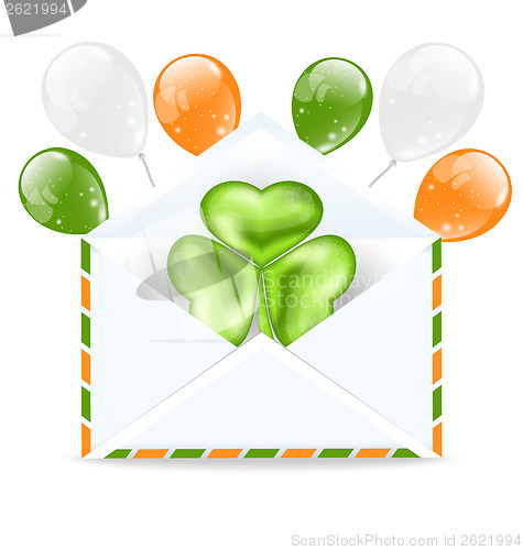 Image of Envelope with clover and colorful ballons isolated on white back