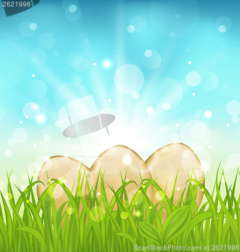 Image of Easter background with eggs in grass