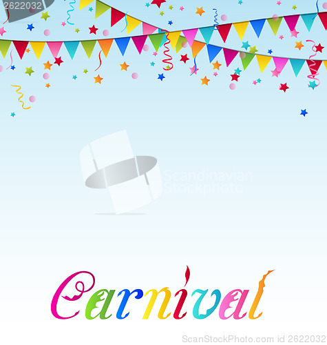 Image of Carnival background with flags, confetti, text