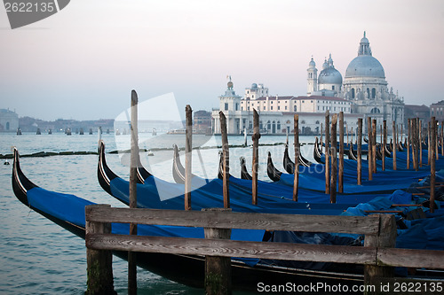 Image of gondolas on Salute church view background