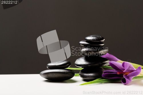 Image of massage stones with flowers on mat