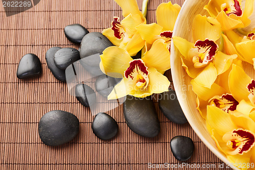 Image of massage stones with flowers on mat