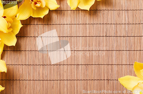 Image of closeup of orchid flowers on bamboo mat