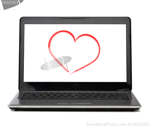 Image of laptop computer with heart on white screen