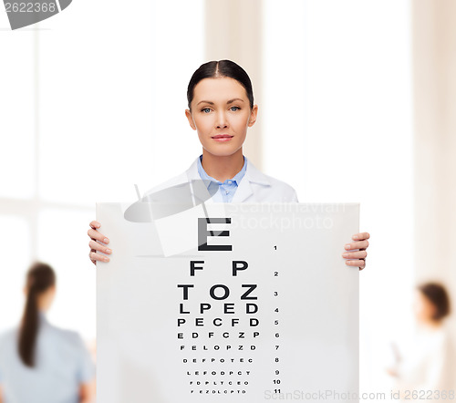 Image of calm female doctor with eye chart