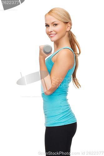 Image of young sporty woman with light dumbbells