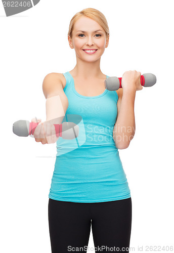 Image of young sporty woman with light dumbbells