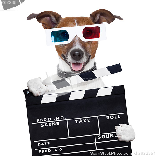 Image of movie clapper board 3d glasses dog