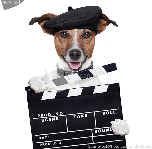 Image of movie clapper board director dog