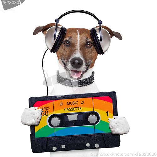 Image of music cassette tape headphone dog