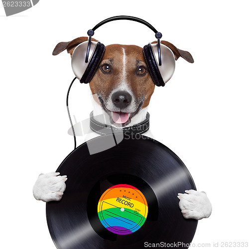 Image of music headphone vinyl record dog