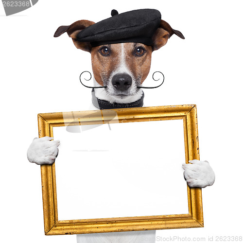 Image of painter artist frame holding dog 