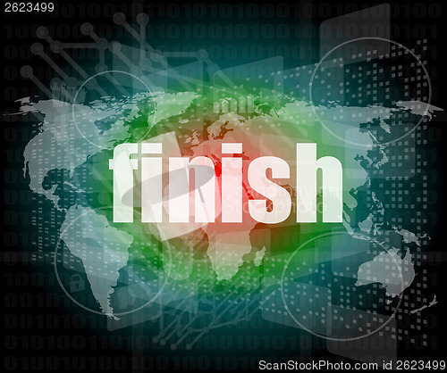 Image of finish word on digital screen, mission control interface hi technology