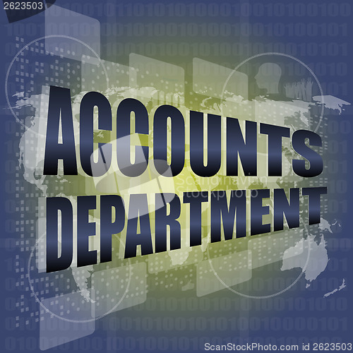 Image of accounts departments words on digital screen background with world map