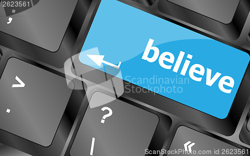 Image of Social media key with believe text on laptop keyboard