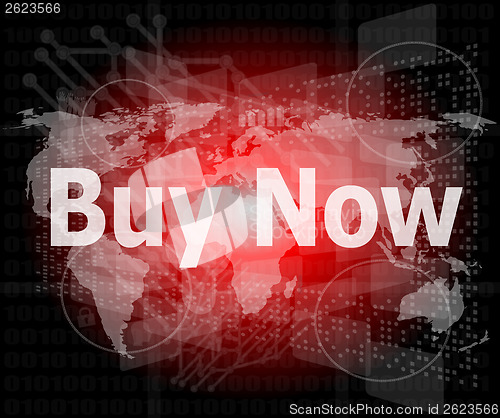 Image of The word buy now on digital screen, business concept