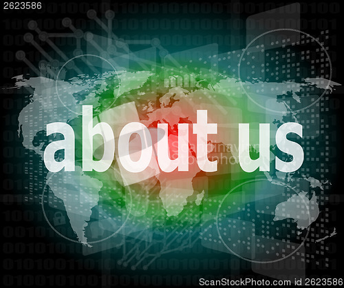 Image of pixelated words about us on digital screen, business concept
